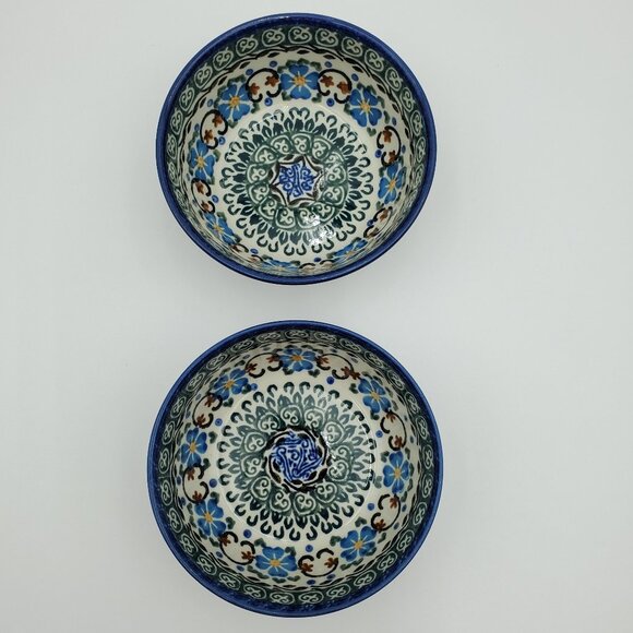 Polish Pottery Unikat Dessert Bowls Trinket Dishes Blue Flowers Green Accents - Picture 3 of 10